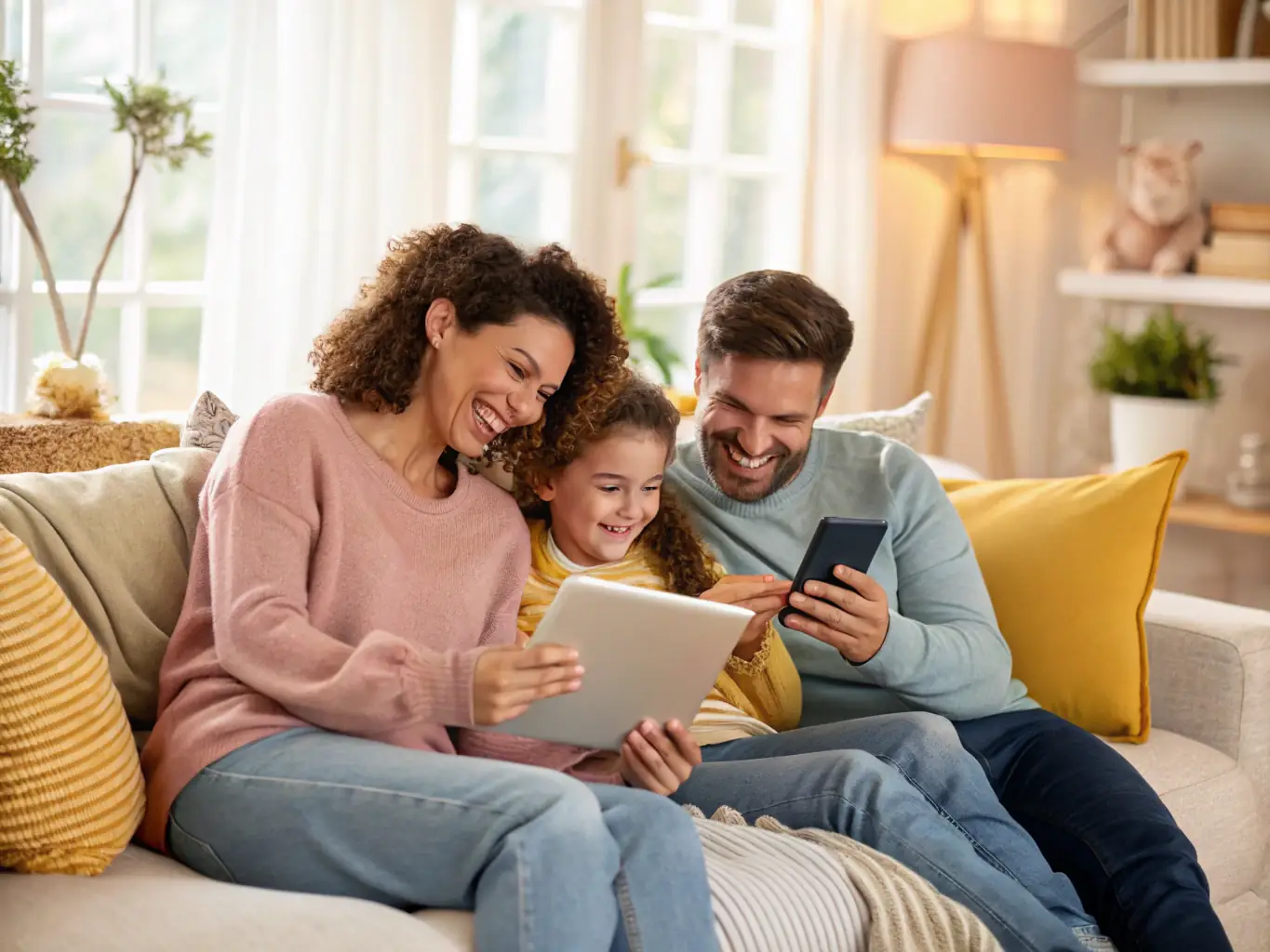 A photograph of a family looking through digitized photos and memorabilia on a tablet, smiling and reminiscing, illustrating the value of preserving memories.