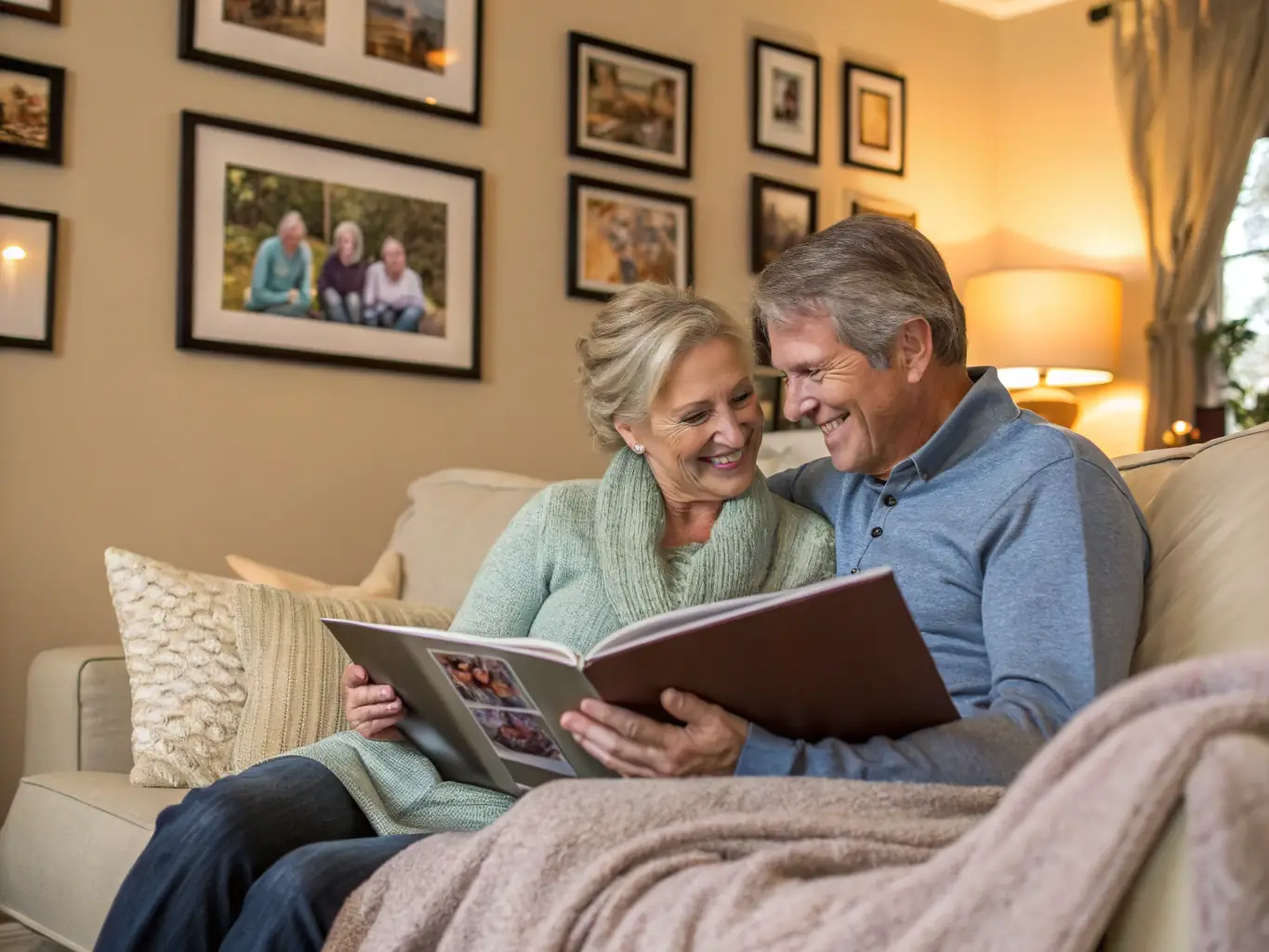 A serene image depicting a senior couple happily settled into their new, smaller home, surrounded by carefully organized belongings, symbolizing a successful downsizing process.