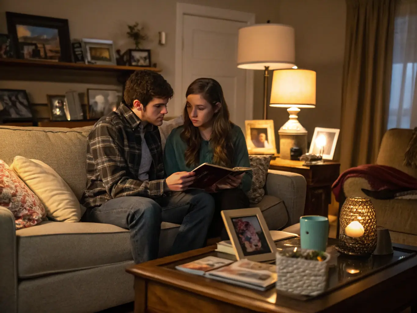 A serene image depicting a senior couple happily settled into their new, smaller home, surrounded by carefully chosen personal belongings, with soft, natural light streaming through the window, symbolizing comfort and peace of mind.